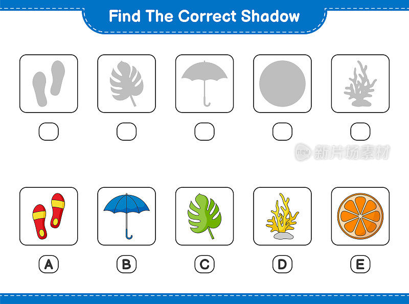 找到正确的影子。找到并匹配正确的阴影橙色，珊瑚，Monstera，雨伞，和Flip Flop。教育儿童游戏，可打印的工作表，矢量插图